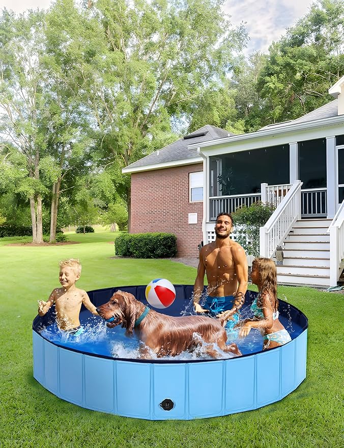 Foldable Dog Pool, Lexda Hard Plastic Shell Pet Swimming Pools for Large Dogs, Collapsible Plastic Pet Pool, Portable Bathing Tub for Dogs (79x12inch)