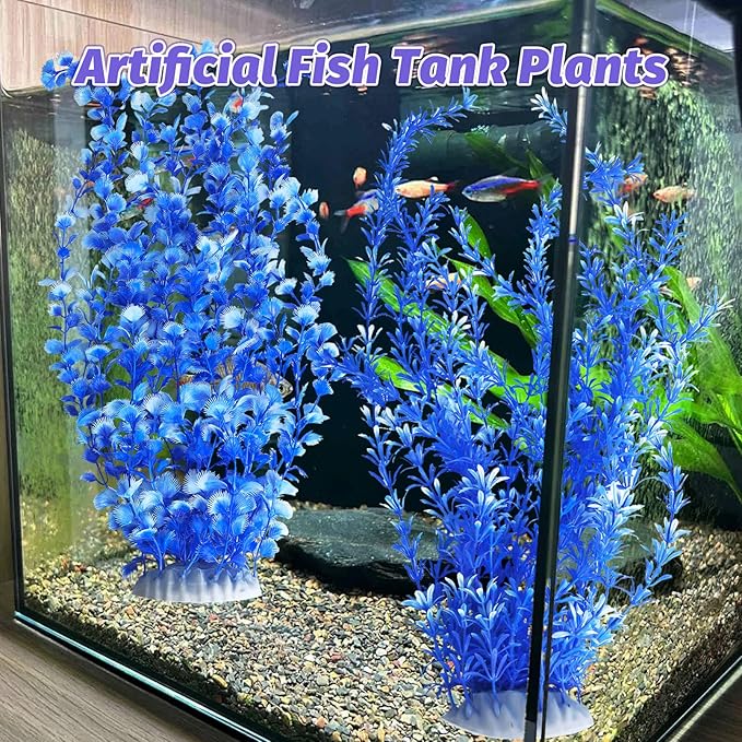 Hamiledyi Aquarium Plastic Plants Aquarium Decor Artificial Fish Tank Plants,Tall Fish Tank Decorations, Extra Large Aquarium Plant 23.6-inch Tall,2PCS（Blue）