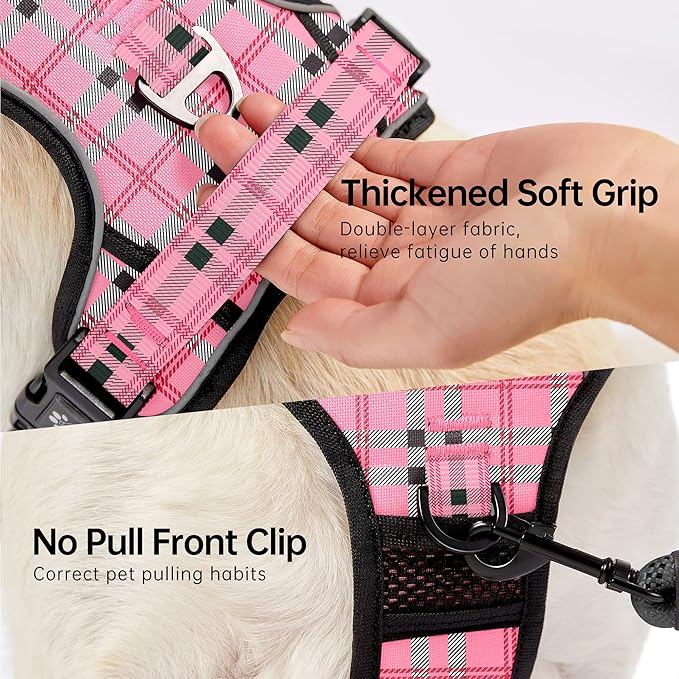 NESTROAD No Pull Dog Harness with Leash, Reflective No Choke Pet Vest Harness,Adjustable Soft Padded Dog Harness with Easy Control Handle for Medium Dogs(Checkered Pink,Medium)