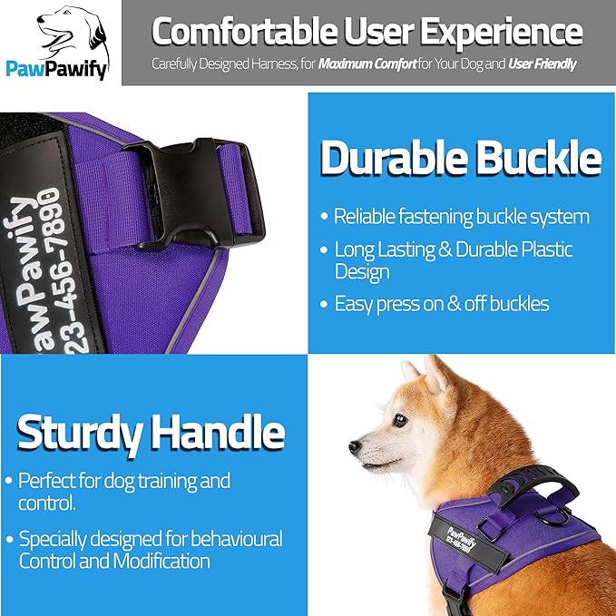 PawPawify Custom No Pull Dog Harness with Name and Phone Number, Heavy Duty Personalized Pet Vest to Prevent Tugging, Pulling, or Choking, Training and Walking (New Purple, L (40-60 LBS))