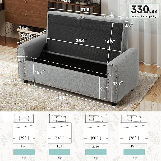 Ottoman with Storage, Tufted Storage Bench for Bedroom, 48" Fabrics End of Bed Bench, Upholstered Entryway Shoe Benches with Rolled Arm & Inner Zipper, Window Ottomans Chest with Rivets, Drak Grey