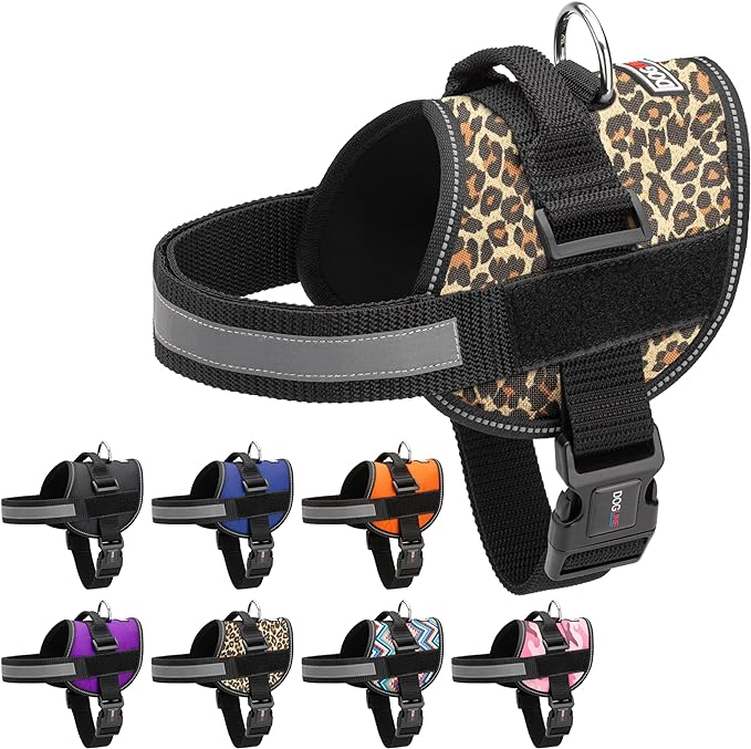 Dogline Dog Harness, Reflective No-Pull Adjustable Vest with Handle for Walking, Training, Breathable, No - Choke Harness for Small, Medium or Large Dogs Room for Patches Leopard Brown L 27"-34"