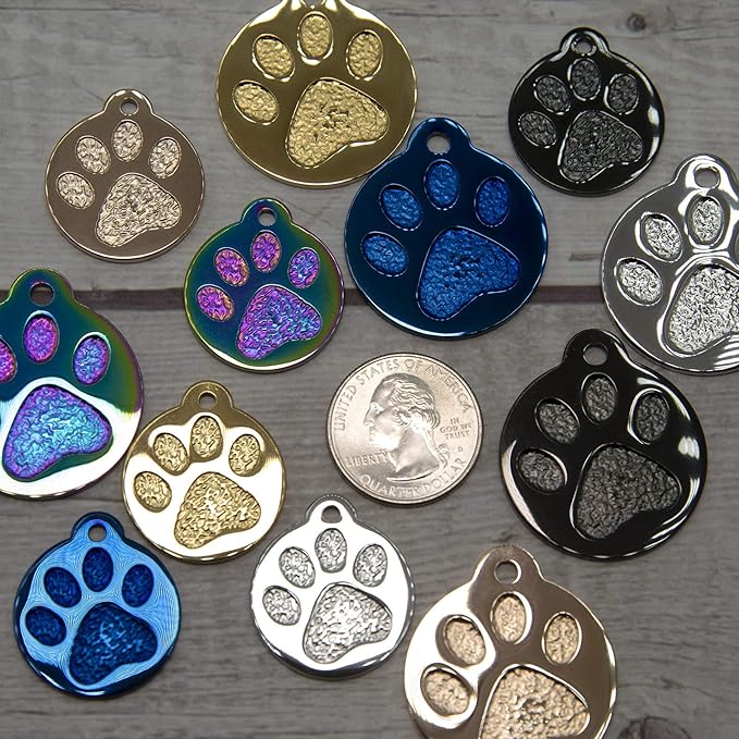 Engraved Pet Tag for Dogs and Cats - Personalized Front & Back up to 4 Lines of Text Custom Engraved ID, Round Paw Print Solid Plating Stainless Steel Silver Regular
