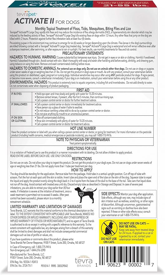 TevraPet Activate II Flea and Tick Prevention for Dogs | 4 Count | Large Dogs 21-55 lbs | Topical Drops | 4 Months Flea Treatment