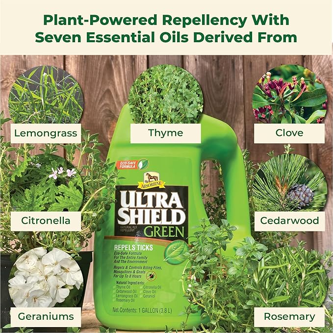 Absorbine UltraShield Green All-Natural Fly & Insect Repellent for Horses & Dogs, Essential Oils Repel & Control, 128oz Bottle, No Sprayer