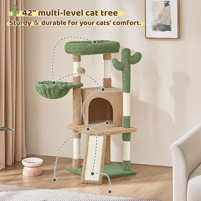 Yaheetech Cactus Cat Tree, 42in Cat Tower for Indoor Cats, Multi Level Kitten Condo Scratching Post, Pet Activity Center Furniture w/Ball, Plush Perch, Platform, Basket, Brown/Green