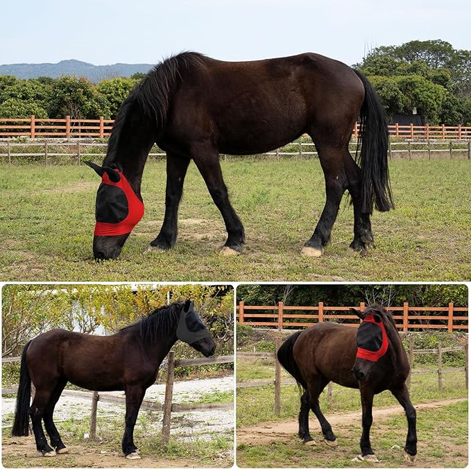 2 Piece Horse Fly Mask with Ears, Comfortable Fit Stretch Fabric Big Eye Space Soft Breathable with UV Protection for Full Horses (Red-Black)