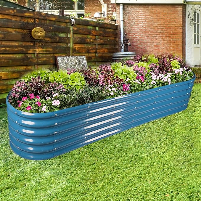 Land Guard 8×2×1.5ft Galvanized Raised Garden Bed Kit, Raised Garden Boxes Outdoor, Oval Metal Raised Garden Beds for Vegetables, Blue