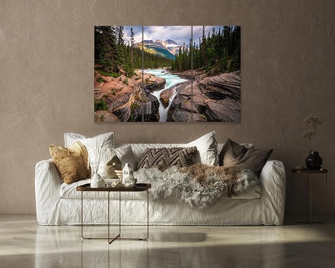 Nature Wall Art Prints - Ocean Forest Mountain Lake Canvas Landscapes - Small to Extra Large Living Room Bedroom Kitchen Bathroom Décor (Mountain River Waterfall, 39L" x 59W" - 3 Panels)