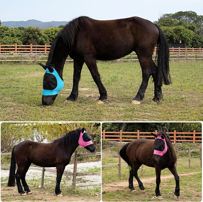 2 Piece Horse Fly Mask with Ears, Comfortable Fit Stretch Fabric Big Eye Space Soft Breathable with UV Protection for Full Horses (Blue-Pink)