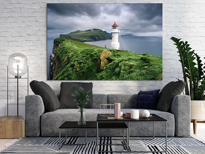 Nature Wall Art Prints - Ocean Forest Mountain Lake Canvas Landscapes - Small to Extra Large Living Room Bedroom Kitchen Bathroom Décor (Stormy Sky Lighthouse, 16L" x 24W")