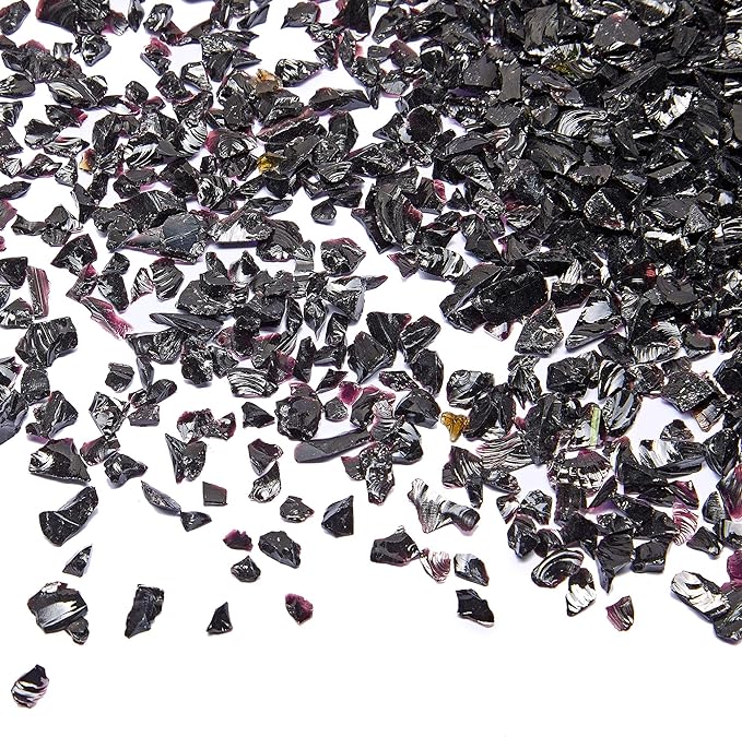TWINKLING High Luster Fire Glass Gravel Stone Glitter,Broken Glass,Fire Gems Chips,Crushed Glass for Fire Pit Crafts Resin Art Aquarium Garden Decoration,3-6mm,1-Pound Jar (Black)
