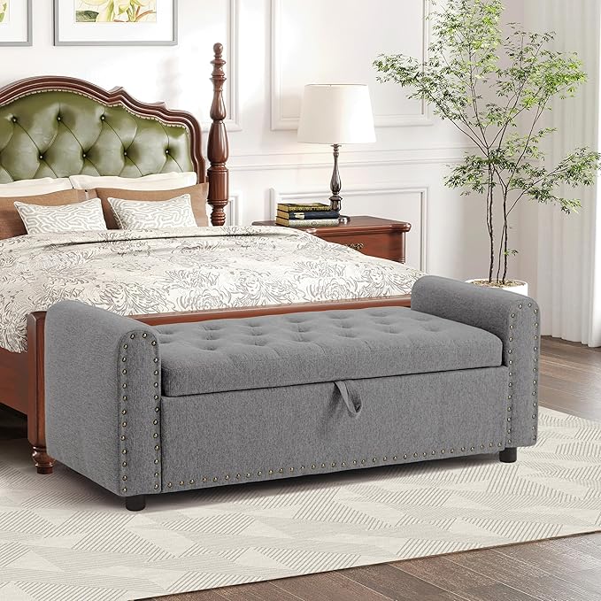 Ottoman with Storage, Tufted Storage Bench for Bedroom, 48" Fabrics End of Bed Bench, Upholstered Entryway Shoe Benches with Rolled Arm & Inner Zipper, Window Ottomans Chest with Rivets, Drak Grey