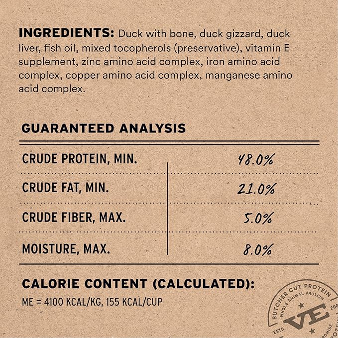Vital Essentials Freeze-Dried Raw Duck Meal or Mixer Cat Food Soft Nibs | 99% Duck, Organs & Bone | 12 oz