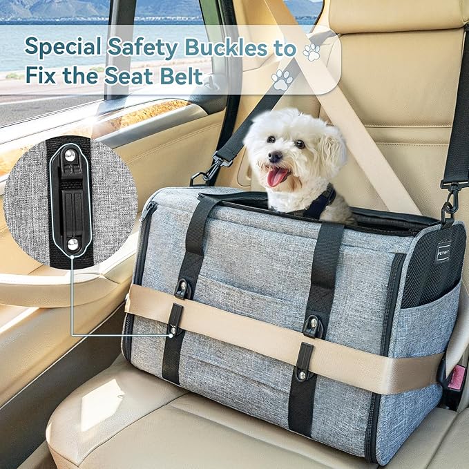 Petsfit Pet Carrier for Large Cats, Cat Carrier for Medium Cats and Puppy up to 20lbs, 4-Sided Breathable Mesh, Escape Proof and Locking Zipper, Sturdy Structure,Grey