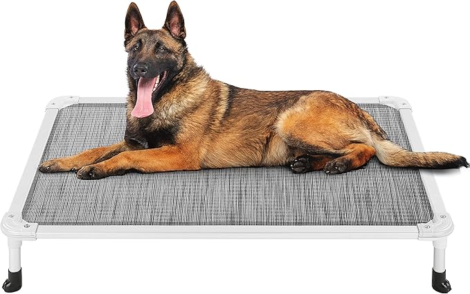 Veehoo Chew Proof Elevated Dog Bed - Cooling Raised Pet Cot - Silver Aluminum Frame and Durable Textilene Mesh Fabric, Unique Designed No-Slip Feet for Indoor or Outdoor Use, Black Silver, Large