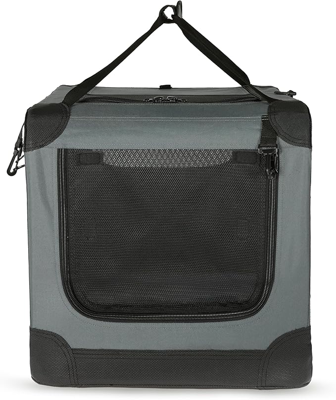 Amazon Basics 4-Doors Portable Soft-Sided Folding Travel Crate Kennel for cat, Dog, and Other Small Animals, Grey, L 36" x 24" x 24"
