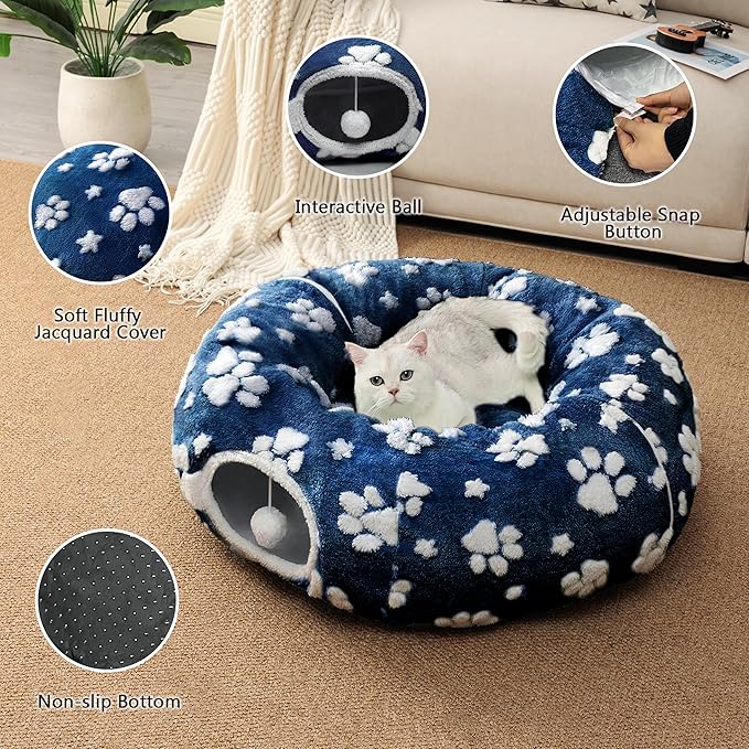 Cat Tunnel for Indoor Cats, Cute Peekaboo Cat Cave with Dangling Balls, Pet Donut Tunnel Bed with Circle Mat for Puppy Kitten Rabbit, Blue Paw