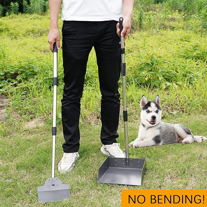 Dog Pooper Scooper, Metal Tray & Spade with 38.2" Long Handle | Large Dog Poop Scooper: 9.5x9x3.1in Tray, 7.7x6in Spade, No-bend Pickup, Yard and Kennel, Tool-free Setup