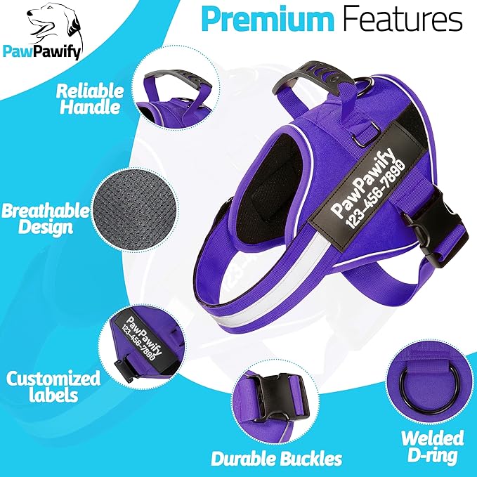 PawPawify Custom No Pull Dog Harness with Name and Phone Number, Heavy Duty Personalized Pet Vest to Prevent Tugging, Pulling, or Choking, Training and Walking (New Purple, L (40-60 LBS))