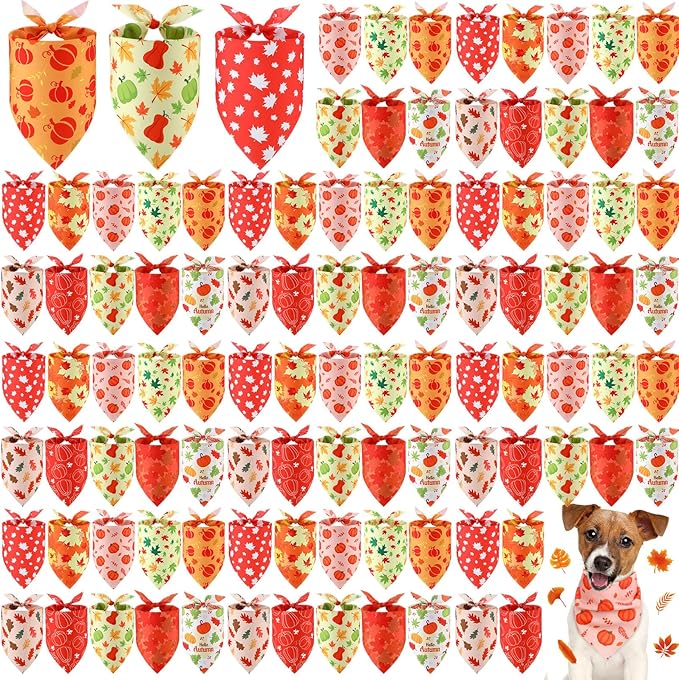 100 Pieces Fall Dog Bandanas Bulk Maple Leaves Bandanas for Dogs Autumn Soft Doggie Bibs Adjustable Triangle Scarves with Pumpkin Patterns for Small Medium Large Pet Fall Autumn Costume