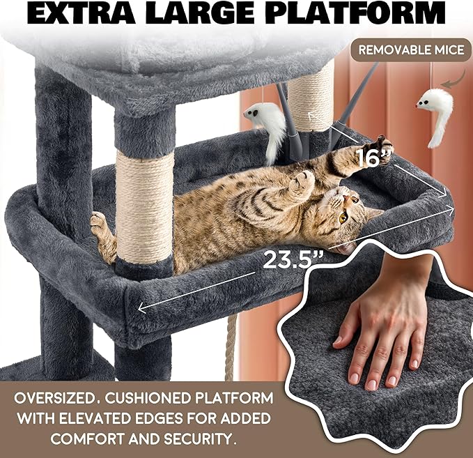 Large Cat Tree Tower for Large Cats, Cat Scratching Post, Self Grooming Post, Interactive Cat Toys, Oversized Perch and Basket, Heavy Duty 72", Dark Grey