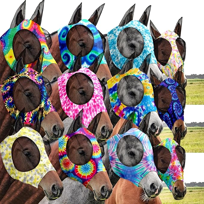 Qualirey12 Pieces Horse Fly Mask Bulk Comfortable Elasticity Mask for Horses with Ears Net UV Protection Breathable Face Covering for Pony and Foal(Medium, Tie Dye Patterns)