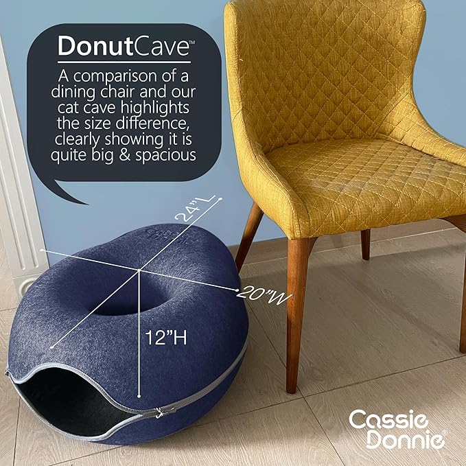 Cat Tunnel Bed for Indoor Cats, Medium Large, Donut Cave House up to 22 Lbs, Spacious for 2 Kittens (Dark Blue)