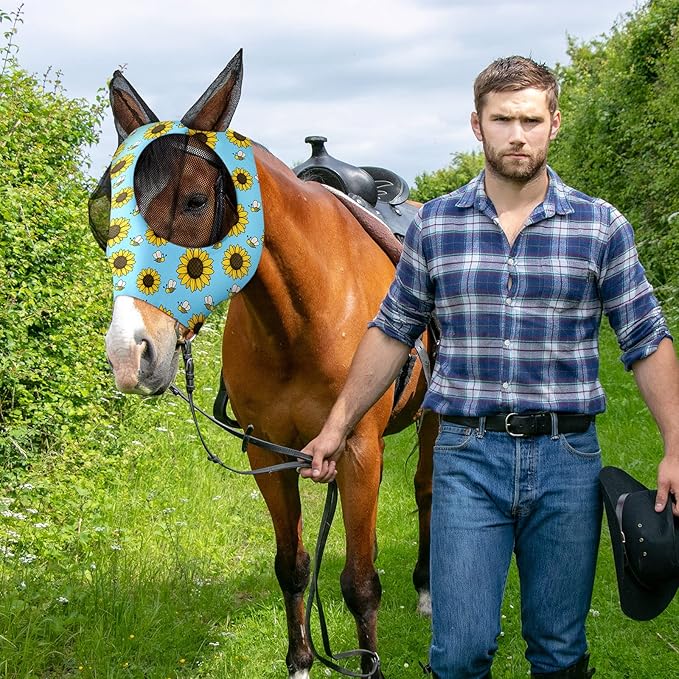 Frienda 4 Pieces Horse Fly Masks with Ears Face Covering UV Protection from Insect Pests Elasticity Smooth Comfortable Mesh Horse Mask Accessories(Flower,Medium)