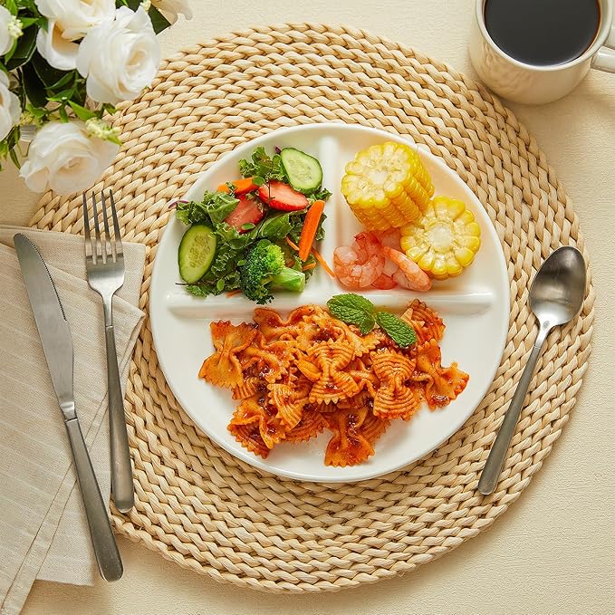 Sweese Porcelain Division Dinner Plates Set of 2, 9 Inch Divided Plates for Adults, Balanced Meal Building - White