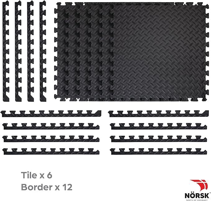 Norsk Foam Floor Gym Mats with Interlocking Tiles, .47" Thick, 24"x24", 24-Pack, 96 Square Feet, Diamond Plate Design, Black