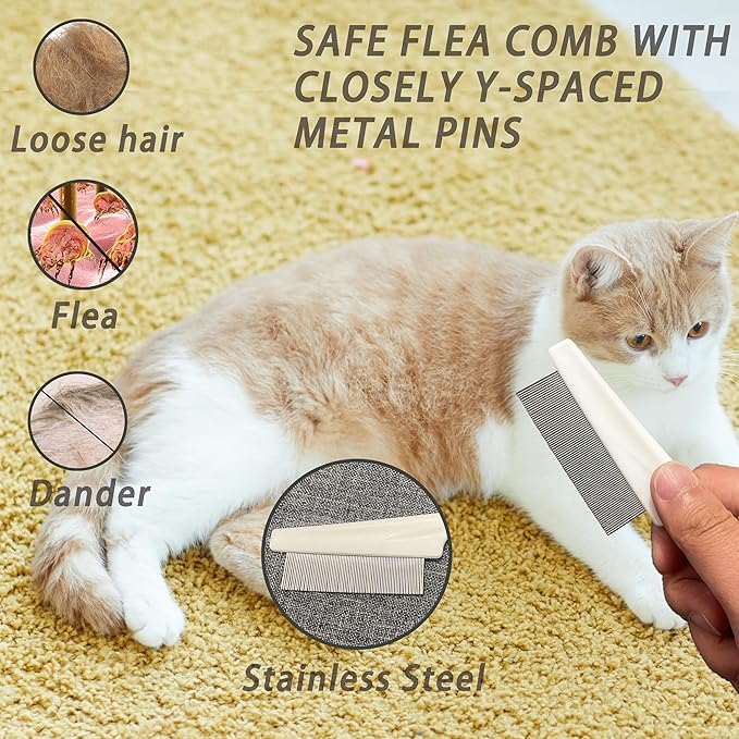 Cat Grooming Brush Kit 6 Tools - Deshedding & Dematting for Long/Short Hair, Self-Cleaning Slicker Brush with 6-in-1 Flea Comb for Cats & Kittens (White)