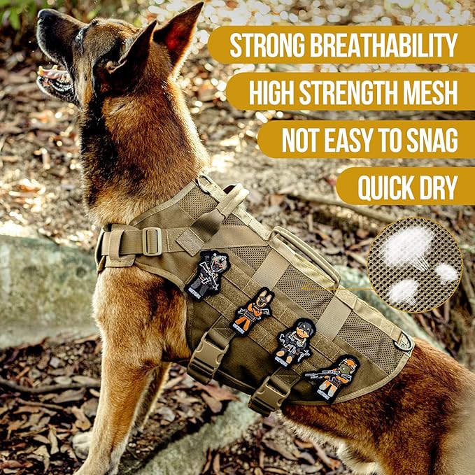 OneTigris No Pull Tactical Dog Harness for Medium Large Dog, Mesh Design Breathable Service Dog Vest with Handle, Military Dog Vest Harness with Molle Panels for Walking Hiking Training (XL, Brown)