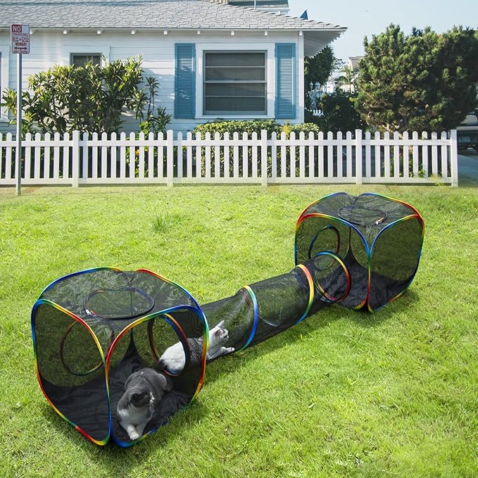 LUCKITTY Outdoor Rainbow Cat Enclosures Playground,Outside House for Indoor Cats Include Portable Tent, 2 Way with 2 Cube Tunnel, for Kitty and Small Animals,Within Storage Bag