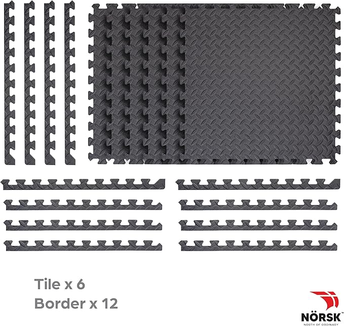 Norsk Foam Floor Gym Mats with Interlocking Tiles, .47" Thick, 24"x24", 60-Pack, 240 Square Feet, Diamond Plate Design, Grey