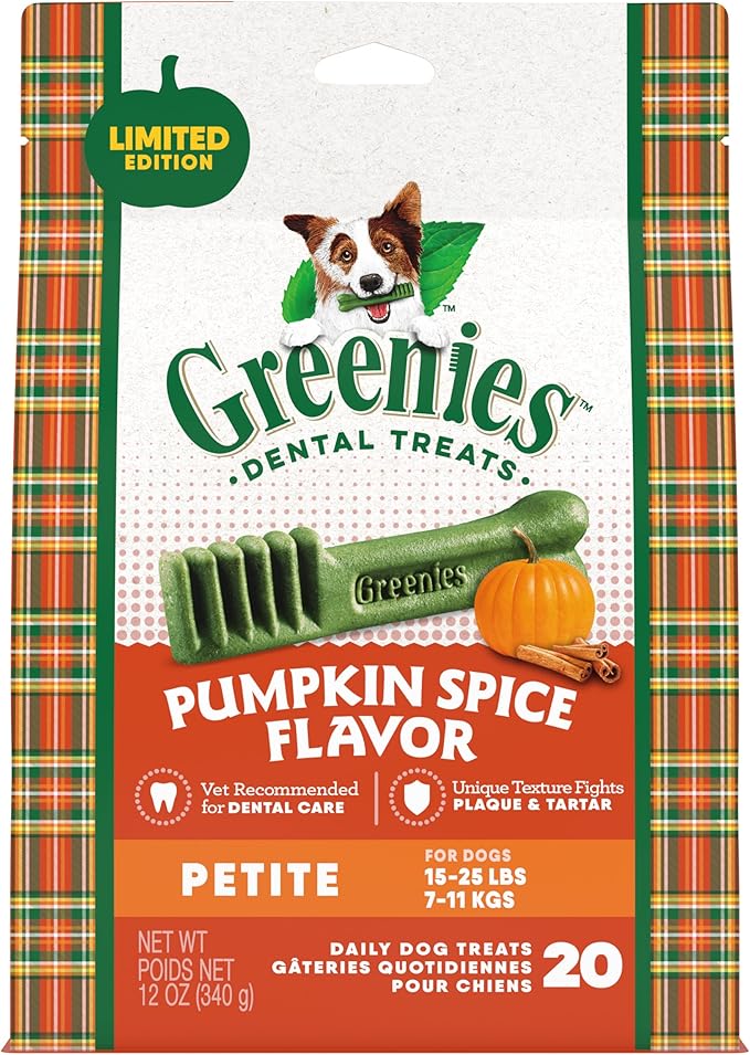 Greenies Petite Dental Dog Treats, Pumpkin Spice Flavor, Limited Edition, 12 oz. Pack (20 Treats)