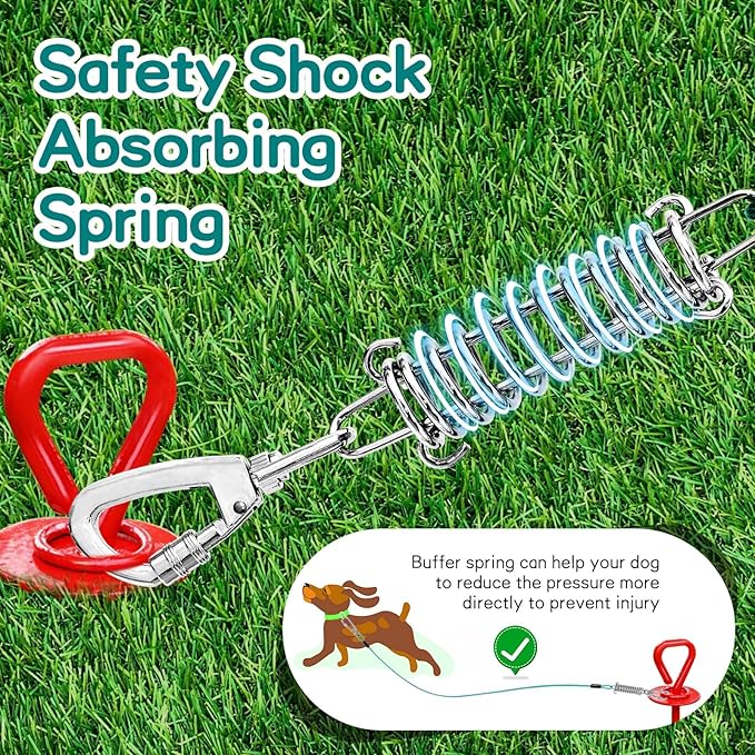 Tie Out Cable for Yard - 25FT Heavy Duty Dog Leads with Shock Absorbing Spring for Large Dogs Up to 125lbs