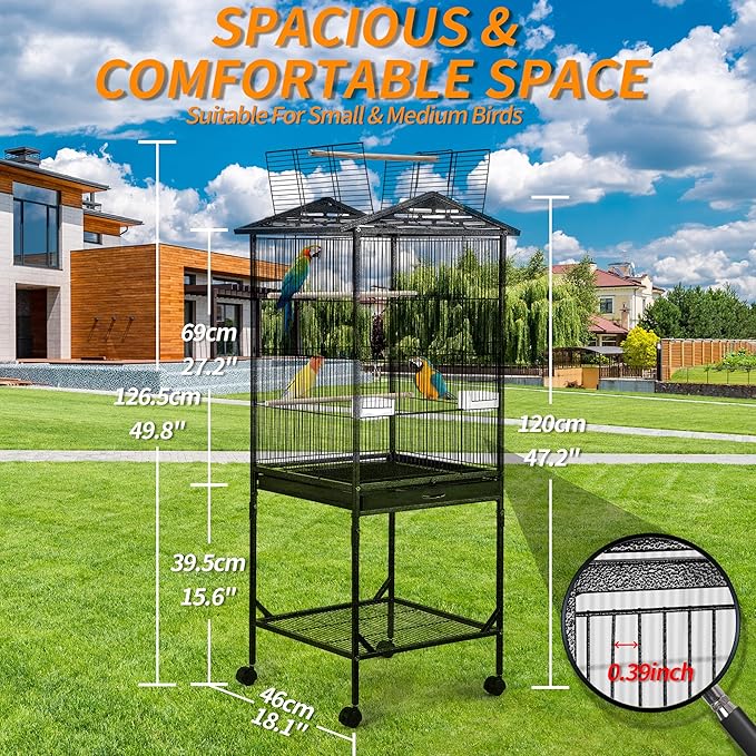 Bird Cage 47 inch Wrought Iron Parakeets Cage with Play Open Top and Rolling Stand Medium Small Bird Cage for Parrots, Budgerigars, Parakeets, Cockatiels, Lovebirds