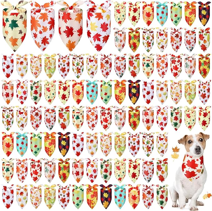Chunful 100 Pieces Fall Dog Bandanas Bulk Autumn Pet Bandanas with Leaves Patterns Triangle Scarf Bib Kerchief Set for Small Large Dog Thanksgiving Costume Accessories (25.6 x 17.7 x 17.7)