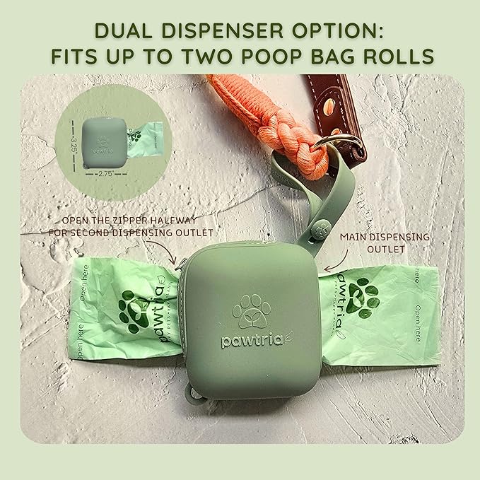 Pawtria Eco Duo Set: Home Compostable Dog Poop Bags (120) + Premium Silicone Dog Poop Bag Dispenser (3.25"H X 2.75"L), BPA-Free, Leak-Proof, Biodegradable, Zero Waste, Supports Rescue Dogs