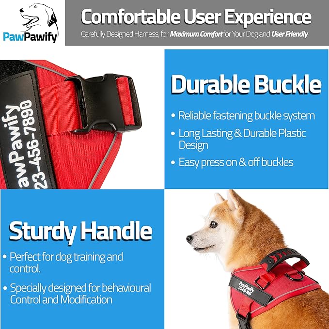 PawPawify Custom No Pull Dog Harness with Name and Phone Number, Heavy Duty Personalized Pet Vest to Prevent Tugging, Pulling, or Choking, Training and Walking (New Red, XXL (85-140 LBS))