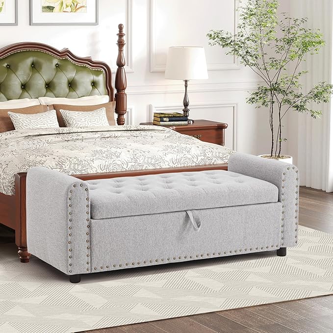 Ottoman with Storage, Tufted Storage Bench for Bedroom, 48" Fabrics End of Bed Bench, Upholstered Entryway Shoe Benches with Rolled Arm & Inner Zipper, Window Ottomans Chest with Rivets, Light Grey