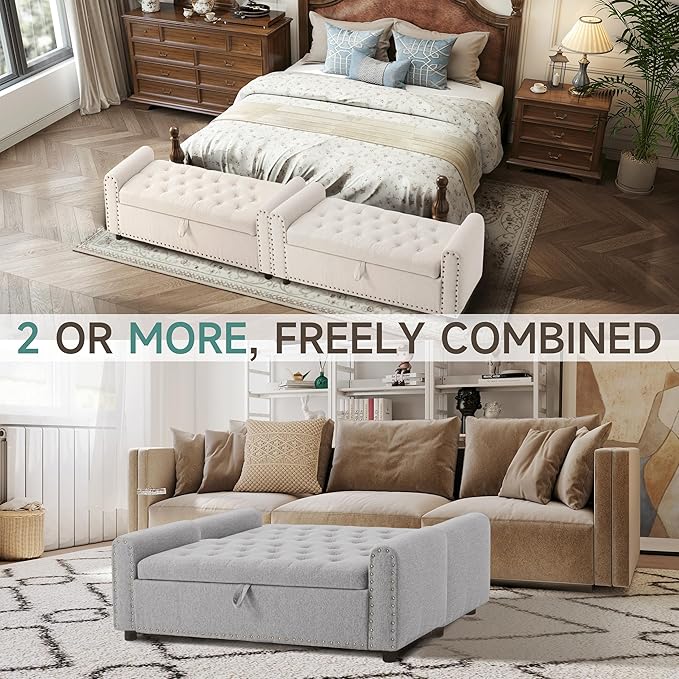 Ottoman with Storage, Tufted Storage Bench for Bedroom, 48" Fabrics End of Bed Bench, Upholstered Entryway Shoe Benches with Rolled Arm & Inner Zipper, Window Ottomans Chest with Rivets, Light Grey