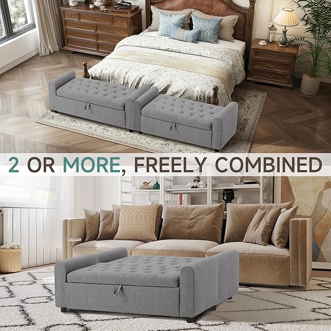 Ottoman with Storage, Tufted Storage Bench for Bedroom, 48" Fabrics End of Bed Bench, Upholstered Entryway Shoe Benches with Rolled Arm & Inner Zipper, Window Ottomans Chest without Rivets, Dark Grey