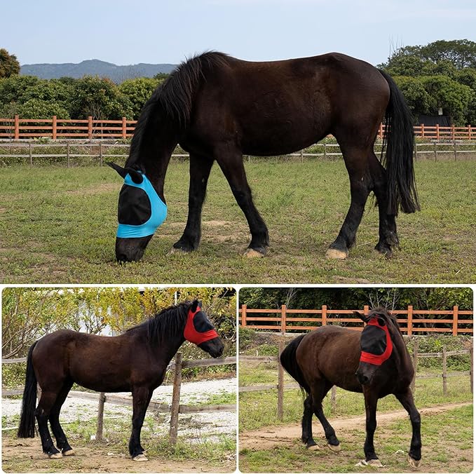 2 Piece Horse Fly Mask with Ears, Comfortable Fit Stretch Fabric Big Eye Space Soft Breathable with UV Protection for Full Horses (Red-Blue)
