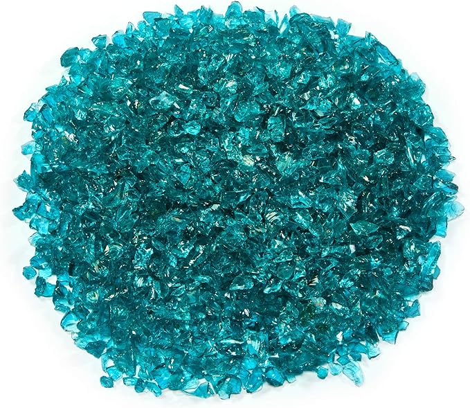 TWINKLING High Luster Fire Glass Gravel Stone Glitter,Broken Glass,Fire Gems Chips,Crushed Glass for Fire Pit Crafts Resin Art Aquarium Garden Decoration,3-6mm,1-Pound Jar (Turquoise)