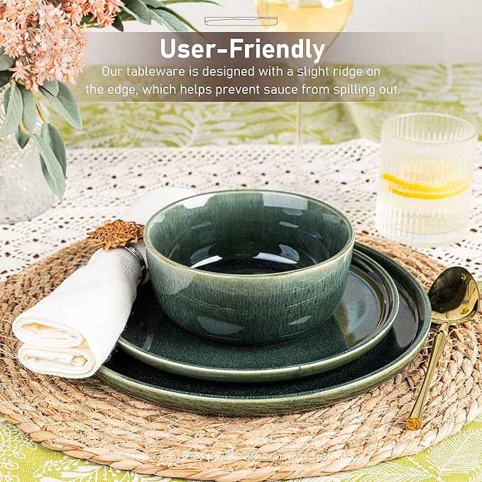 GBHOME Ceramic Dinnerware Sets for 6, 18 Pieces Stoneware Plates and Bowls Sets, Reactive Glaze Dishes -Scratch Resistant, Dishwasher&Microwave Safe, Earth Green