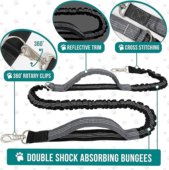 PetAmi Hands Free Dog Leash, Running Leash Belt for Walking, Jogging, Waist Zipper Pouch with Poop Bag Dispenser, Dual Padded Handles, Reflective Durable Bungee Single, Turquoise, 1