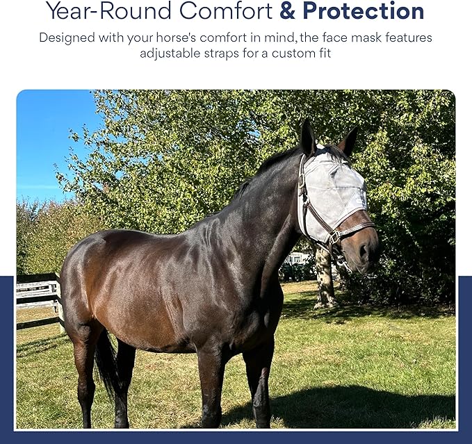 Plus-Size Horse Mask Without Ears | 95% UV Eye Protection | Built-in Visor | Breathable, Lightweight Mask | Adjustable Fit for Comfort Horse (Large Size)