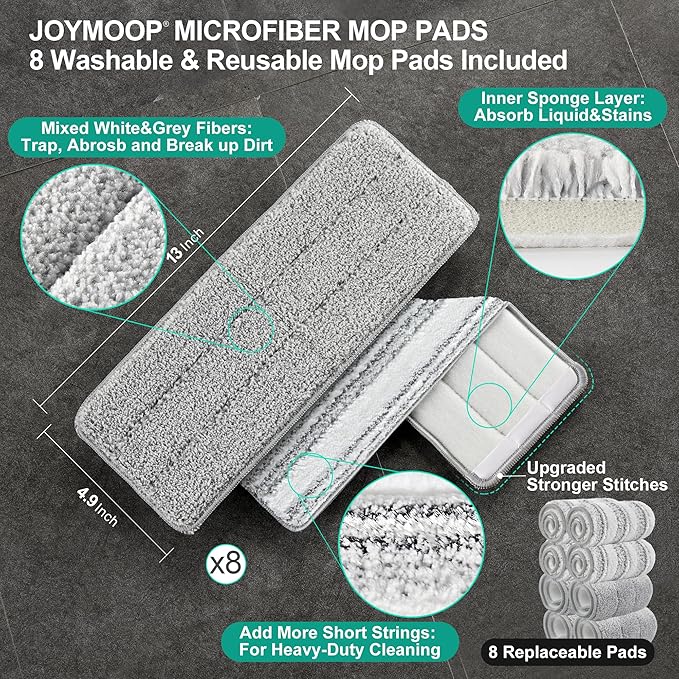 JOYMOOP Mop and Bucket with Wringer Set for Floor Cleaning and Wall Cleaner, Flat Mop and Bucket System Set with 2 Mops and 8 Large Microfiber Pads - White